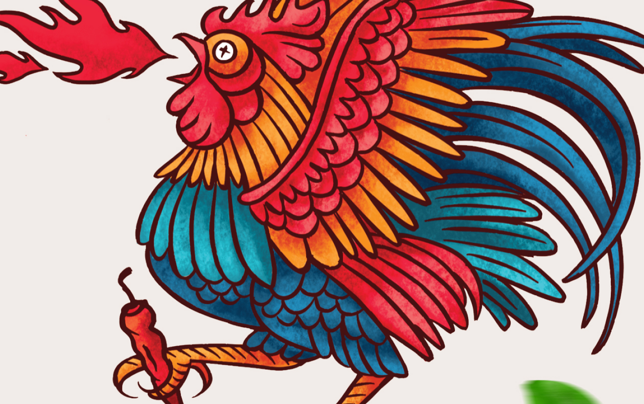 這款辣椒醬用噴火的公雞做為核心視覺(jué)(圖3)